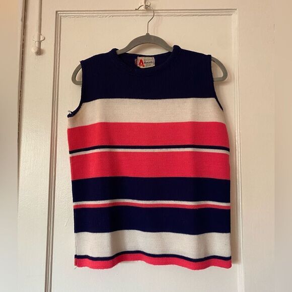 Vintage Sleeveless Striped Sweater - Blue Pink and White Stripes Size Small - Picture 1 of 7